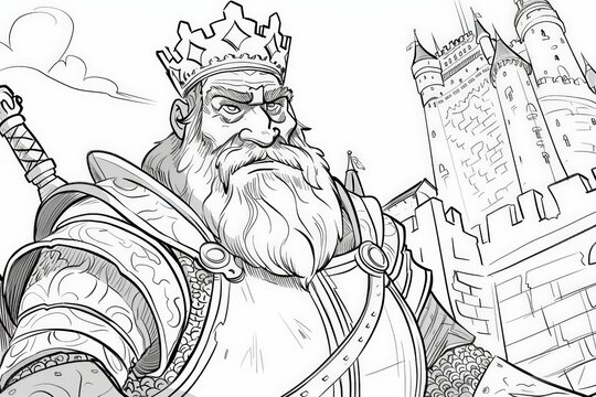 Coloring Page A regal figure wearing a crown, depicted in a black and white drawing.
