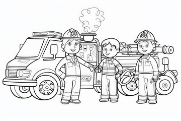 Coloring Page A fire truck with three kids and a fireman ready for action on a colorful adventure.
