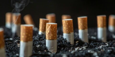 A pile of cigarette butts are on the ground. The butts are mostly white and some are brown. The pile is on a black surface