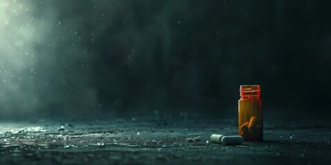 A bottle of pills is sitting on the ground in front of a dark background. The bottle is empty and the pills are scattered around it. The scene has a somber and eerie mood