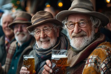 Group of happy old people with glasses of beer, selective focus - obrazy, fototapety, plakaty