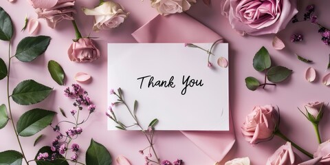 A white card with the words "Thank You" written on it is placed on top of a pink background with flowers