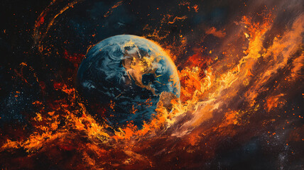 A painting of a planet with a firestorm surrounding it - obrazy, fototapety, plakaty