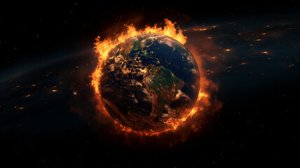 A planet is on fire and surrounded by a black background