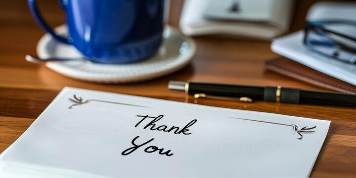 A thank you card is sitting on a table with a pen and a cup. The card is written in cursive handwriting and has a simple design