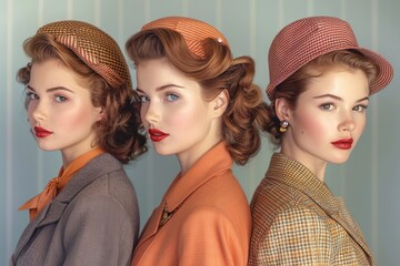 Three women in vintage fashion, with red lipstick and styled hair, evoke a 1940s feel in their attire and poses