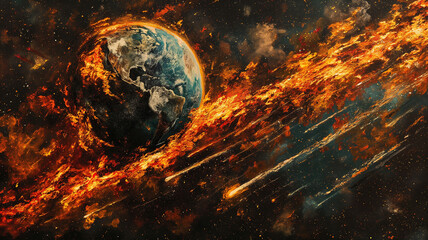 A planet is on fire and is surrounded by a trail of fire