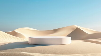 Minimalist Podium in Sunny Desert Dunes - obrazy, fototapety, plakaty