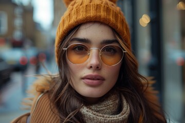 A stylish young lady sporting orange knit hat and transparent glasses on a bustling city street...