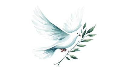 Obraz premium Elegant white dove in flight with an olive branch, symbolizing peace and harmony, ideal for International Day of Peace and religious themes