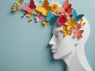 Paper human head with colorful flowers and butterflies isolated on pastel blue background. Mental health awareness, creative thinking, positive and carefree