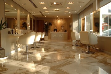 A luxury hair salon featuring sleek white marble floors, minimalist white chairs, and an elegant, modern atmosphere - obrazy, fototapety, plakaty