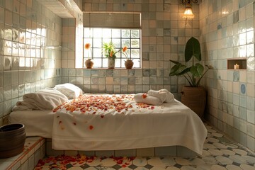 Tranquil spa treatment room adorned with flower petals on the massage table, creating a peaceful, relaxing retreat