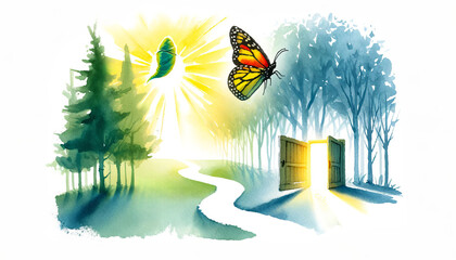 Watercolor illustration of a Monarch butterfly near open doors with a pathway leading through a sunlit, misty landscape, evoking concepts of change and new beginnings
