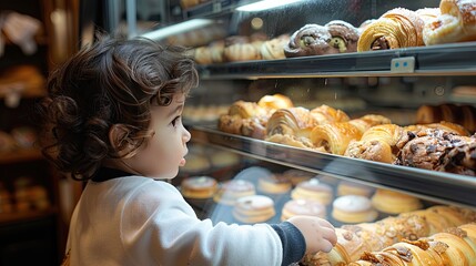 A young child is looking at a display of pastries in a bakery. The child is reaching for a pastry, possibly a croissant, and he is excited about the selection - obrazy, fototapety, plakaty