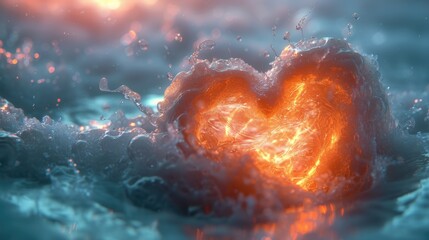 The fiery heart rises peacefully on the waves of the sea, reflecting the sky above