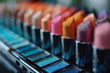 Macro shot of an assortment of lipsticks with a vibrant variety of colors and finishes, next to a set of blue eyeshadows - obrazy, fototapety, plakaty