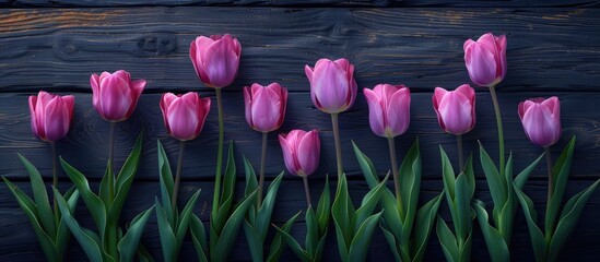 A row of magenta tulips arranged on a wooden table, showcasing their vibrant petals. The flowers sit atop the table, adding a touch of natural beauty to the indoor space