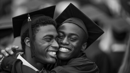 Two young students hugging on graduation ceremony. Joyful friends celebrating the end of school. Retro style black and white image