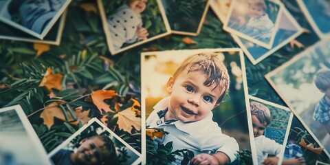 A collection of photos of children, including a smiling baby. The photos are arranged in a way that they are overlapping each other, creating a sense of depth and dimension. Scene is warm and inviting