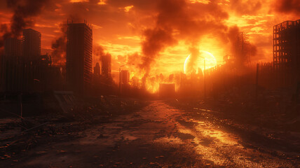 A city is destroyed by a fire and the sun is setting