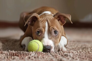 Puppy envy over dog and tennis ball - obrazy, fototapety, plakaty