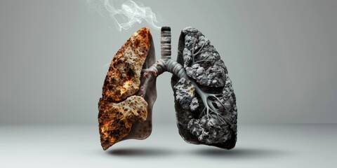 A lung with a black and white filter, representing the effects of smoking. The lung is surrounded by smoke - obrazy, fototapety, plakaty