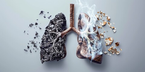 A lung with smoke and ash on it, representing the damage that smoking can cause to the respiratory system. The lung is split in half, with one half showing the healthy lung - obrazy, fototapety, plakaty