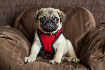 Puppy in red harness on brown pillow