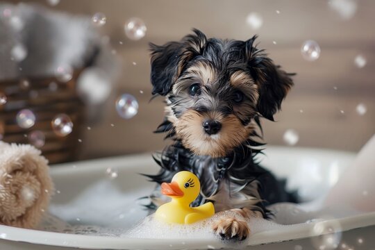 Puppy in tub with bubbles and rubber ducky for bath