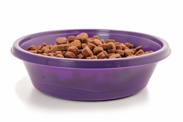Purple plastic bowl with dog food white background