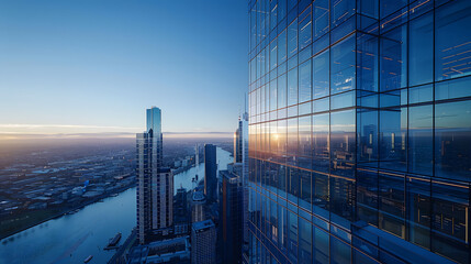 A modern skyscraper, with sleek glass facades reflecting the city below as the background, during a clear blue-sky day