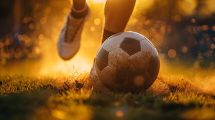 A close-up of a soccer ball being kicked, sending dust flying in the warm, golden light of a...