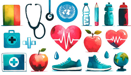 Watercolor health and wellness icons collection, ideal for World Health Day and healthcare awareness campaigns