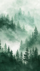 A painting of a forest with trees and a misty sky
