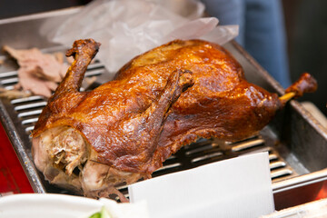 Crispy Peking duck cooked in the Chinese district of Nankinmachi in the city of Kobe in Japan.