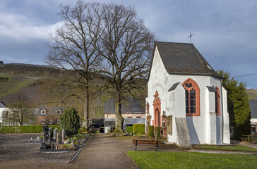 Cemetry at Lösnich. Rhineland-Palatinate. Germany. River Moselle area. Graveyard. Chapel. 