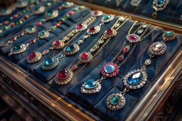 Fototapeta premium An array of sophisticated necklaces featuring precious gemstones and gold detailing, reflecting luxury and style