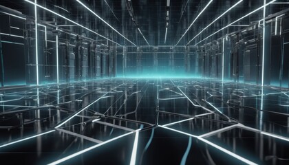 A futuristic digital grid room with glowing blue lines on a dark backdrop, conveying advanced technology and virtual space.. AI Generation
