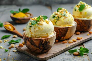 Rajasthani cuisine Kulfi dessert with safron mint and nuts on wooden background Horizontal view with copyspace