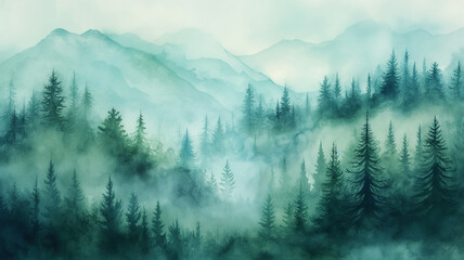 A painting of a forest with trees and mountains in the background - obrazy, fototapety, plakaty