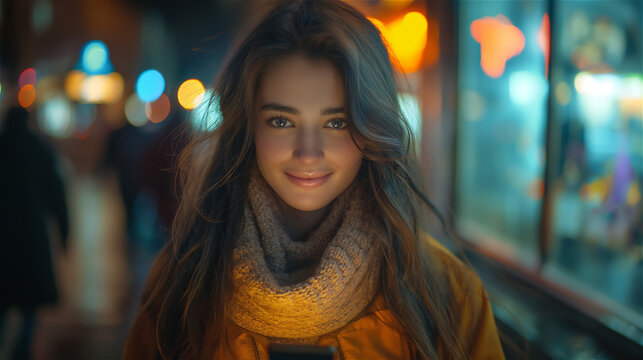 Portrait of a beautiful girl in a city at night