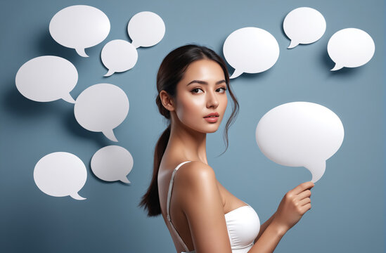 young girl holding empty speech bubble, chat mockup, dialogue