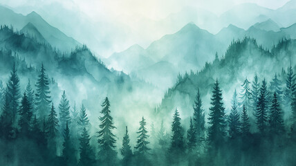 A painting of a forest with mountains in the background - obrazy, fototapety, plakaty