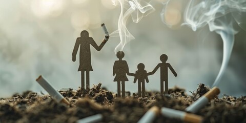 A family of four is depicted in a cigarette-filled field. The father is holding a cigarette, and the other three family members are standing around him - obrazy, fototapety, plakaty
