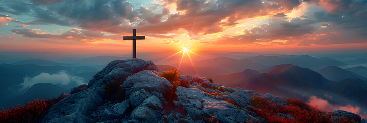 Crucifix at the Top of a Mountain with Sunlight,
Shining cross on Calvary hill Golgotha blue sky sunset Cross is a symbol of faith and love Grave on the mountain sunrise
 - obrazy, fototapety, plakaty
