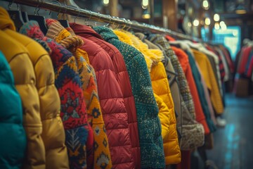Obraz premium A vibrant array of various colorful winter jackets and sweaters displayed on a clothes rack in a store
