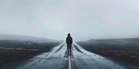 A person is walking down a road in the rain. The road is wet and the sky is cloudy. The person is alone and he is in a contemplative mood