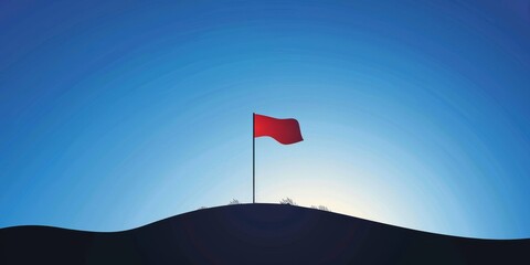 A red flag is on a hill in the sky