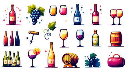 Colorful vector illustration of assorted wine bottles, glasses, grapes, and corkscrews ideal for wine-tasting events, vineyard tours, and National Wine Day promotions